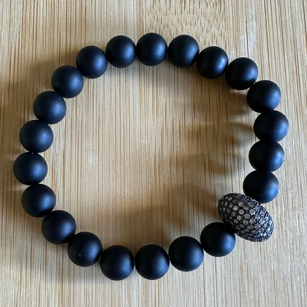 Matte 8mm Onyx Stretch Bracelet w/ Black Pave Crystal Disc Spacer